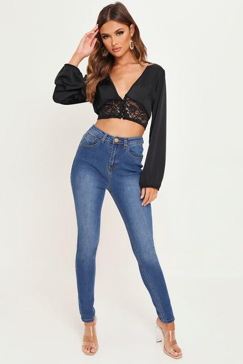 Black Lace Up Cropped Satin Top