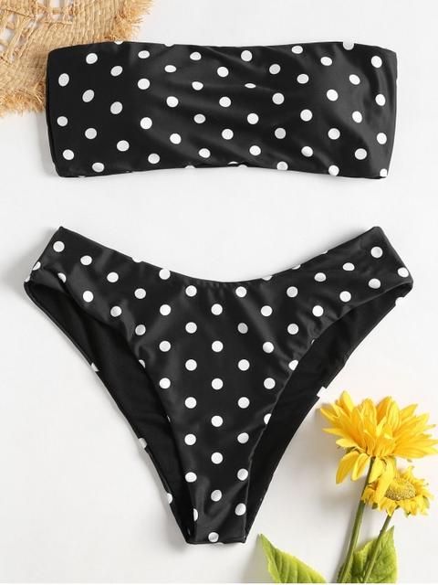 Bañador De Bikini De Fiesta De Corte Alto Lunares White Black