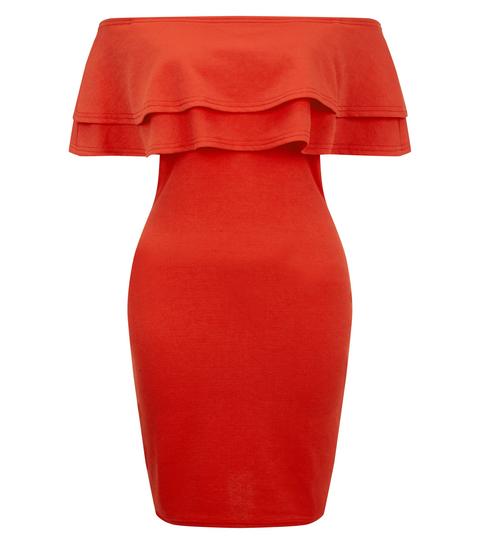 Red Frill Trim Bardot Neck Bodycon Dress