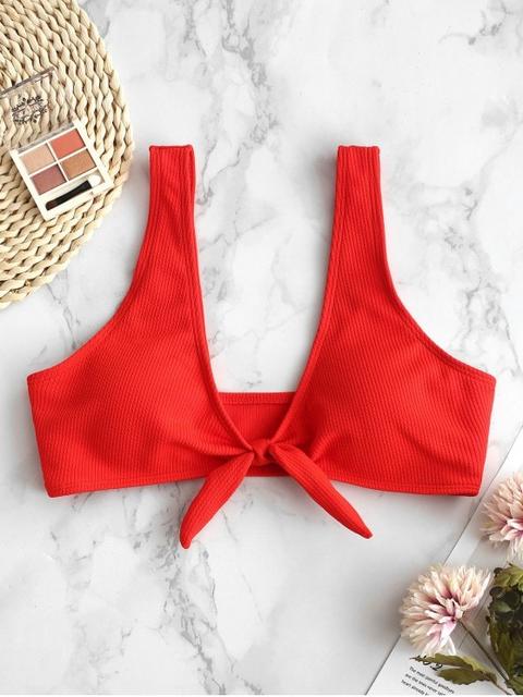 Zaful Ribbed Tied Plunging Bikini Top Red