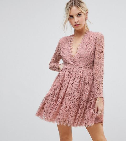 Asos Petite - Vestitino Da Cerimonia In Pizzo A Maniche Lunghe - Rosa