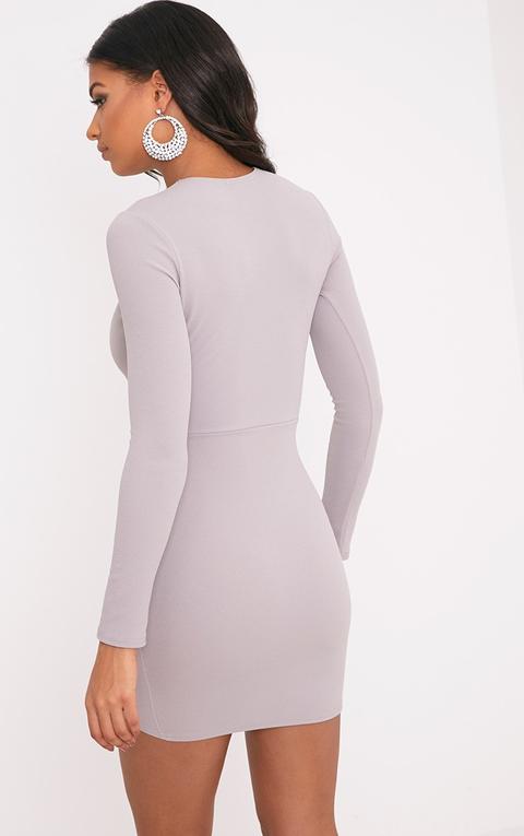 Idda Dove Grey Long Sleeve Wrap Skirt Bodycon Dress