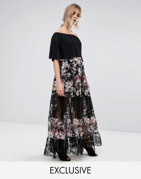 Boohoo - Gonna Lunga Con Pannelli A Fiori E In Pizzo - Nero