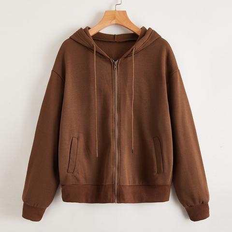 Drop Shoulder Zip Up Drawstring Hoodie