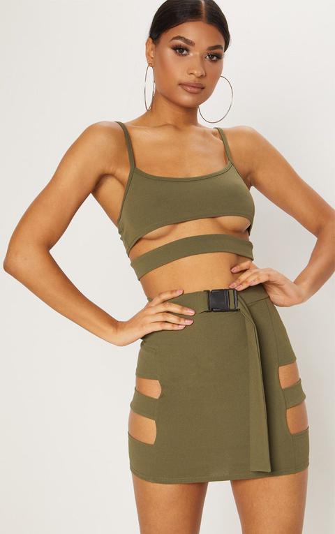 Khaki Crepe Cut Out Buckle Detail Mini Skirt