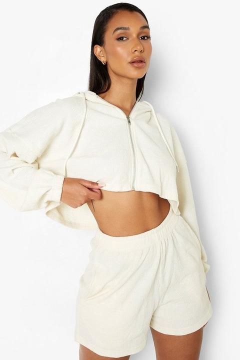 Womens Waffle Cropped Zip Through Hoodie - Cream - 12, Cream