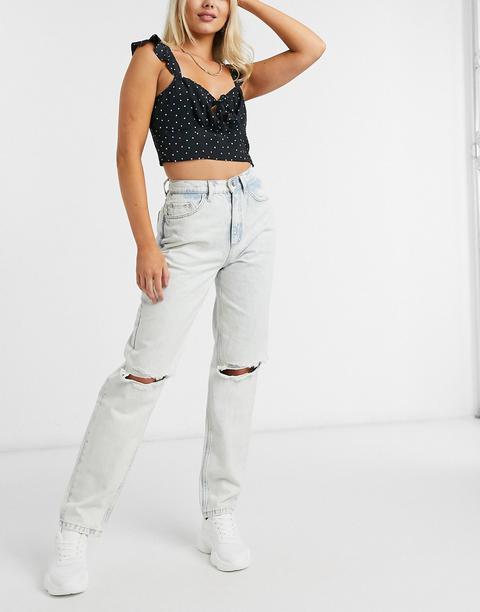 Asos Design High Rise 'slouchy' Mom Jeans In Bleachwash With Rips-blue