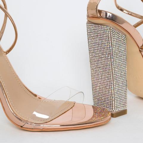karla rose gold clear lace up diamante heels