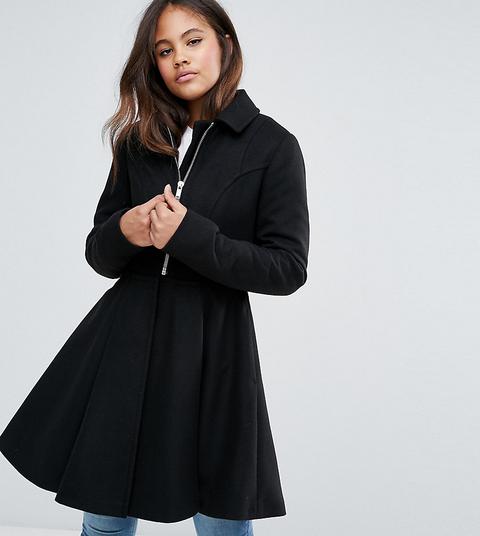 Asos Tall - Cappotto Svasato Con Gonna A Ruota E Zip Sul Davanti - Nero