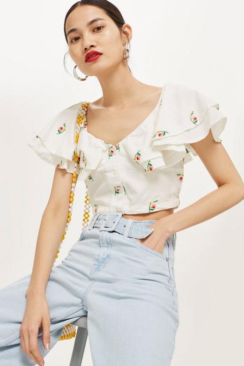 Embroidered Frill Bardot Top