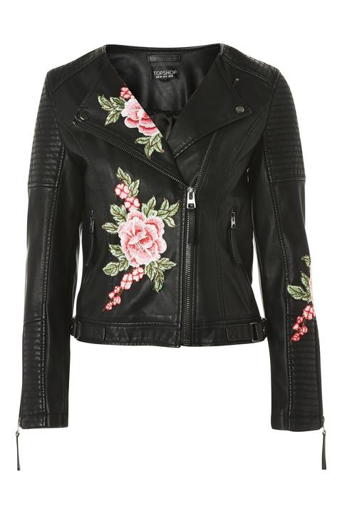 Floral Applique Biker Jacket