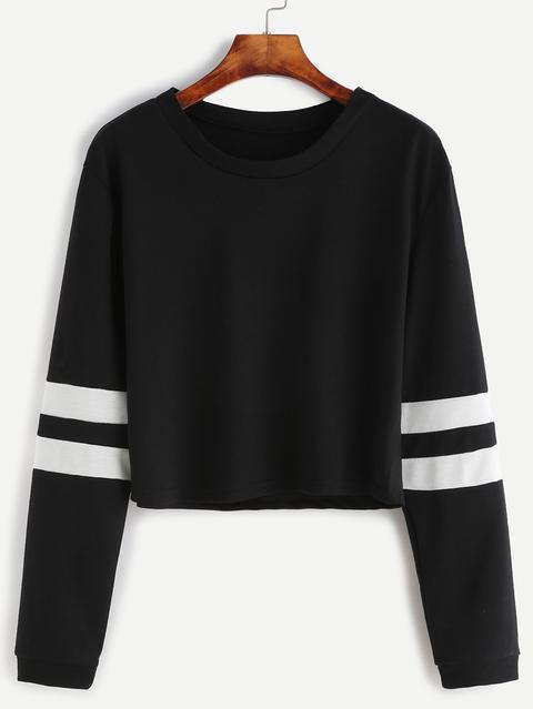 T-shirt Ritagliato Maniche A Strisce Varsity - Nero