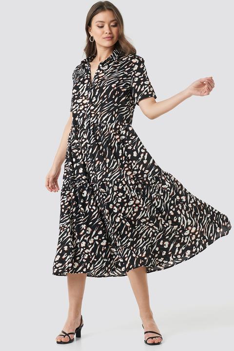 Collar Printed Midi Dress Schwarz