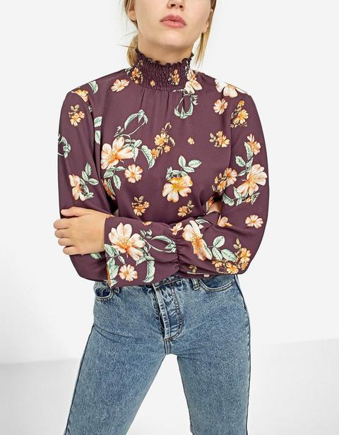 Camicia A Fiori Collo Alto Granata