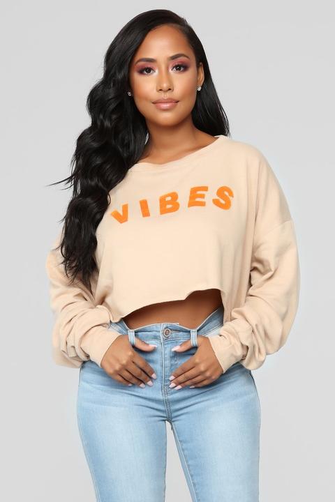 Vibes Cropped Crewneck Top - Sand