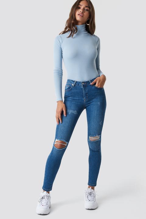 Na-kd Skinny Mid Waist Destroyed Jeans - Blue