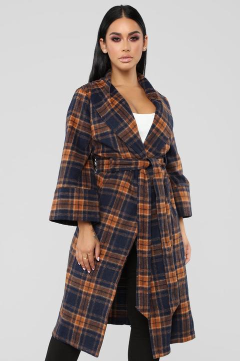 Plaid Around Belted Coat - Navy/mustard