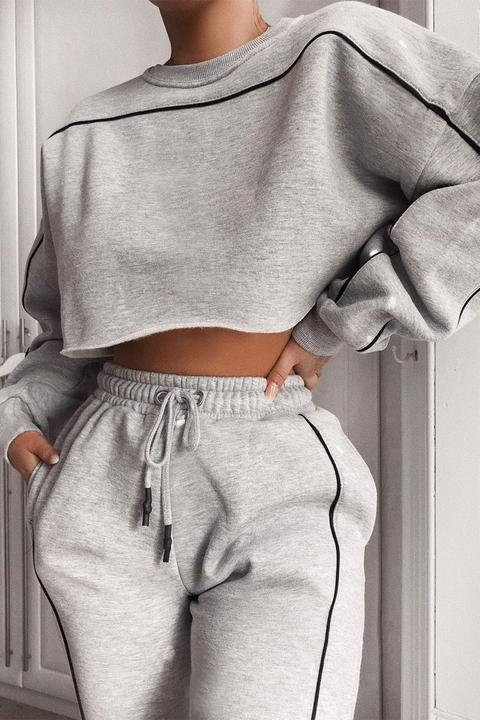 Grey With Black Stripe Raw Hem Cropped Sweatshirt