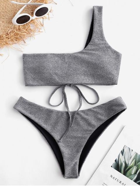 Zaful Bikini Con Encaje De Un Hombro Gray Cloud