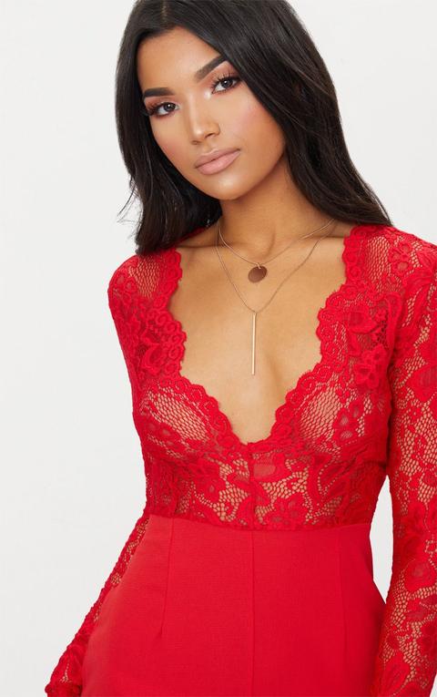 black lace long sleeve plunge jumpsuit