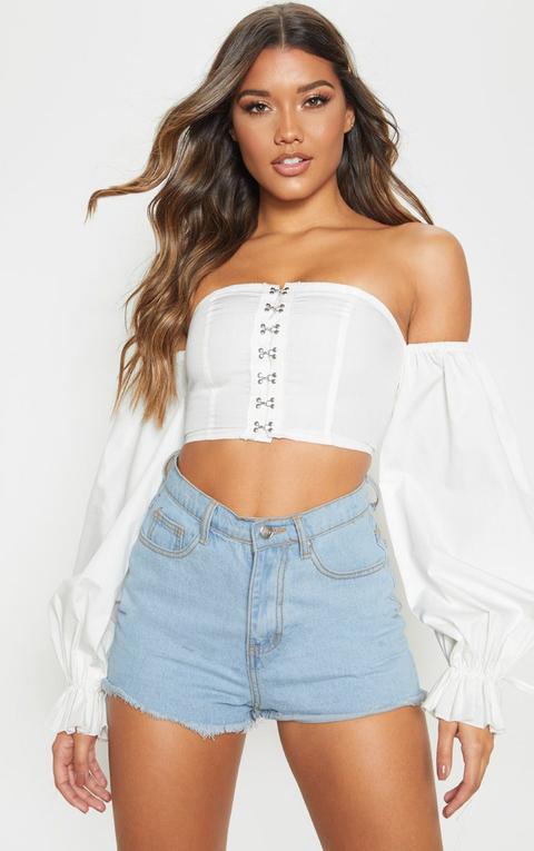 White Bardot Woven Hook And Eye Long Sleeve Crop Top