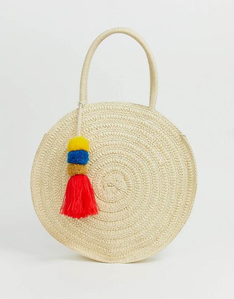 South Beach - Borsa Da Mare In Paglia Tonda Strutturata Con Nappe E Pompon - Crema