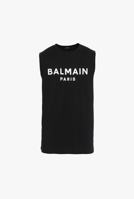 Camiseta Sin Mangas De Algodón Negro Con Logotipo De Balmain En Terciopelo Blanco