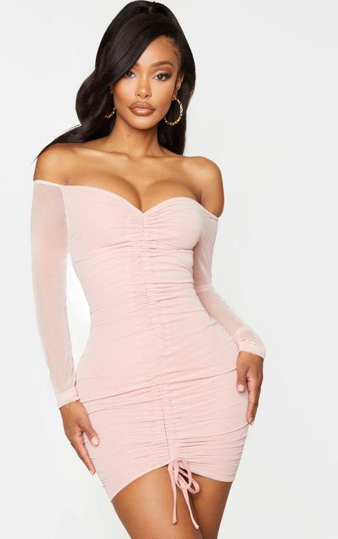 shape dusty rose mesh ruched bardot bodycon dress