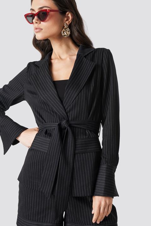 Tie Waist Striped Blazer Black