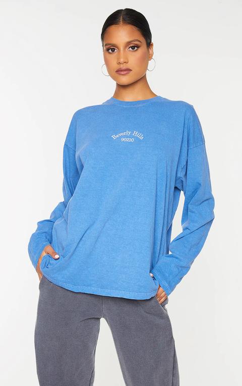 Blue Beverly Hills Embroidered Washed Long Sleeve T Shirt