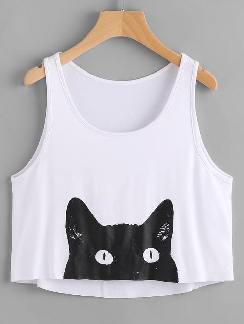 Cat Print Curved Back Crop Tank Top