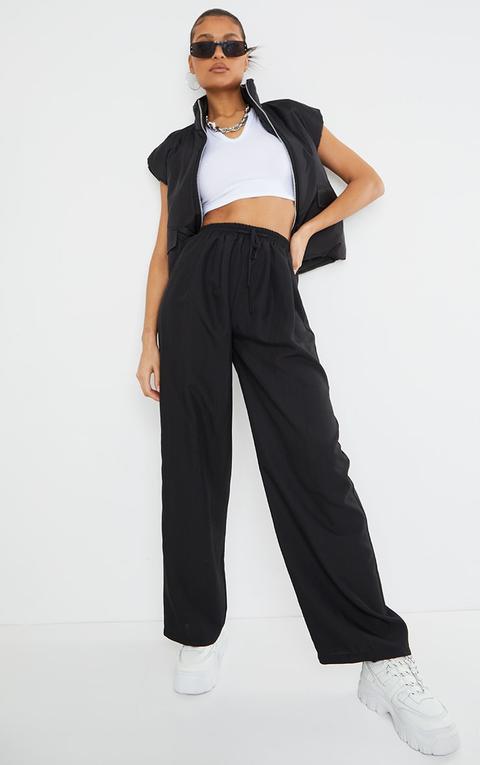 Black Casual Linen Feel Wide Leg Trousers