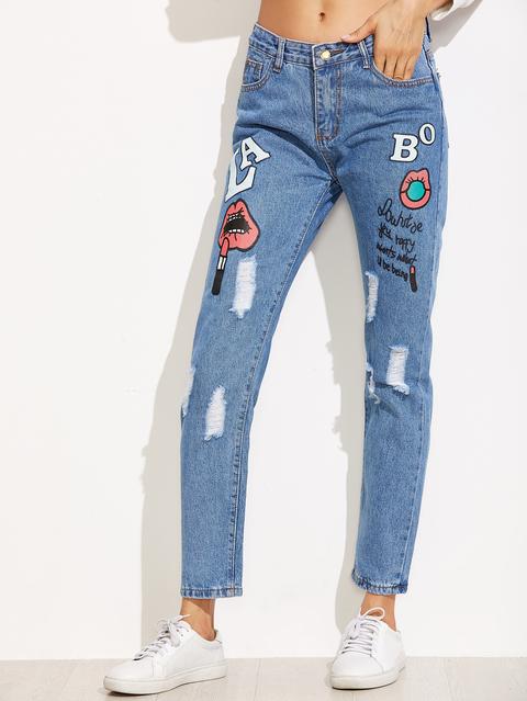 Blue Printed Ripped Ankle Jeans