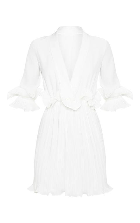 white frill detail pleated skater dress