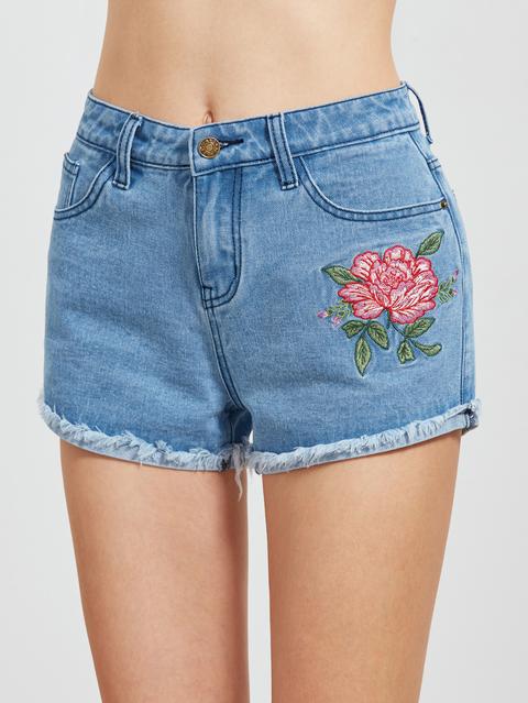 Shorts In Denim Con Fiore Ricamato E Bassa Sfilacciamento - Blu