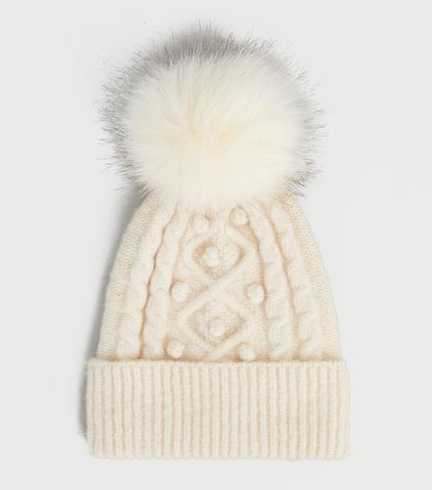 Cream Cable Knit Faux Fur Bobble Hat New Look