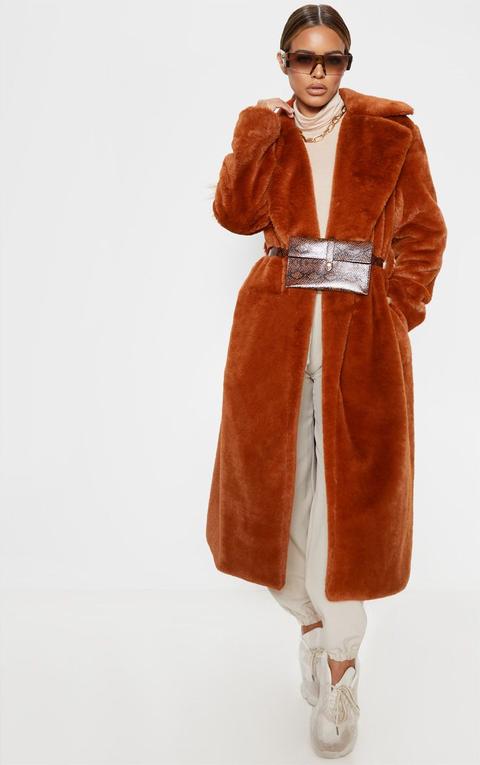 Petite Brown Belted Faux Fur Coat