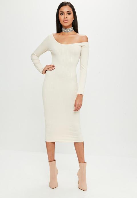 Nude Long Sleeve Ribbed Dress, Cream