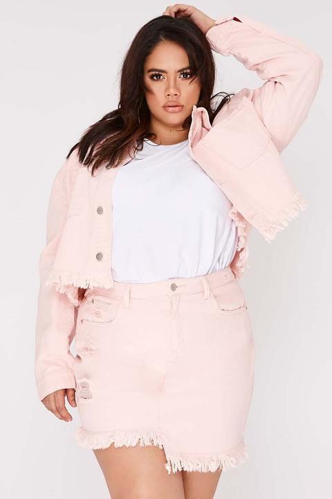 Pink Jackets - Curve Sarah Ashcroft Pink Frayed Hem Cropped Denim Jacket