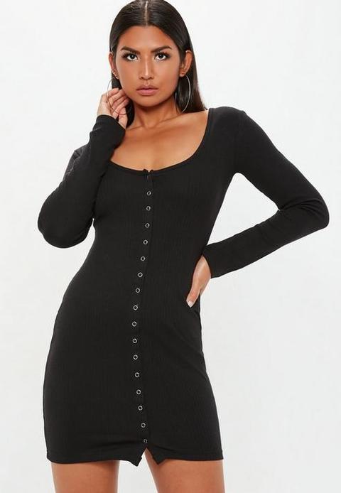 Black Rib Popper Bodycon Mini Dress, Black