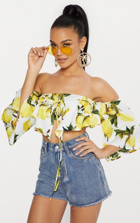 White Lemon Print Tie Front Crop Top