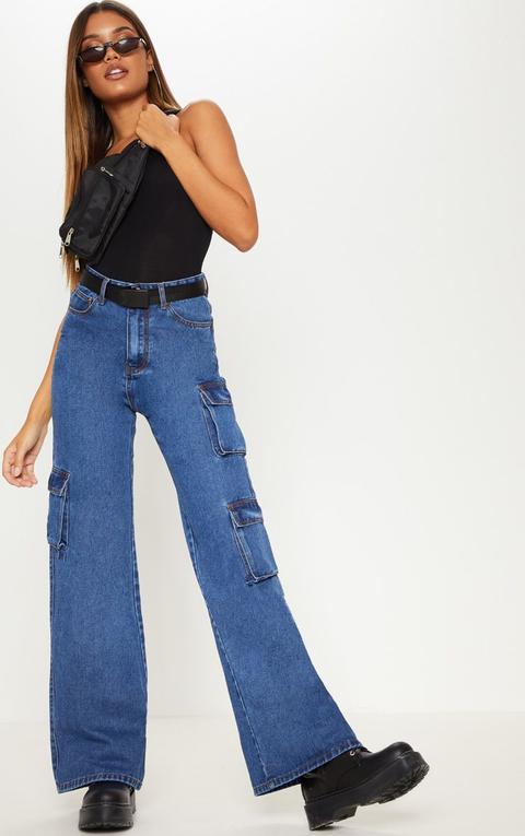 Dark Wash Wide Leg Cargo Pocket Jeans