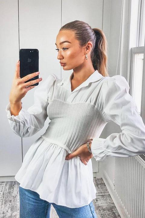 Puff sleeve cotton rib waist shirt Clearance