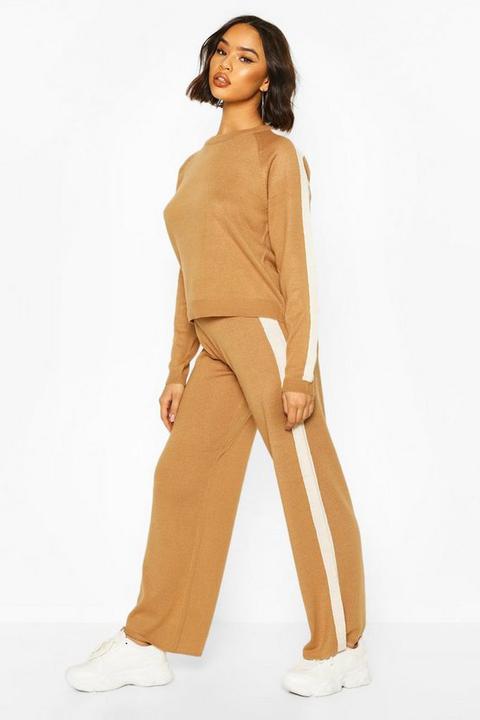 Womens Knitted Crew Neck Colour Block Lounge Set - Beige - S, Beige