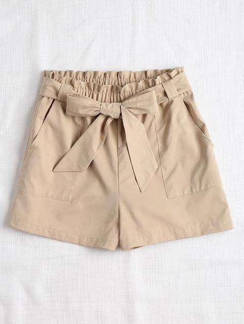 Pantaloncini A Balze A Vita Alta Con Cintura Light Khaki