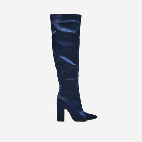 Glaze Slouched Over The Knee Long Boot In Navy Satin, Blue