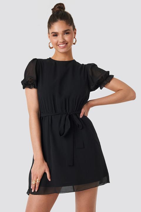 Short Sleeve Chiffon Dress Schwarz