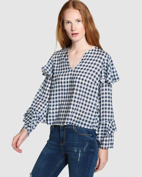 Blusa De Mujer Con Volantes Y Cuadros Vichy