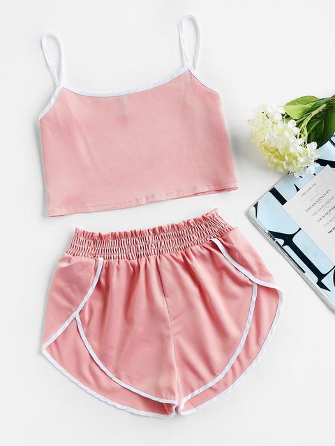 Satin Contrast Trim Crop Cami Top With Shorts