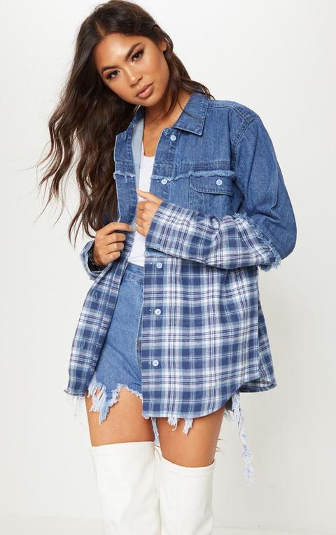 Mid Wash Check Contrast Denim Shirt